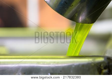 Fresh virgin olive oil pouring into tank at a cold-press factory after the olive harvesting, Crete, Greece.