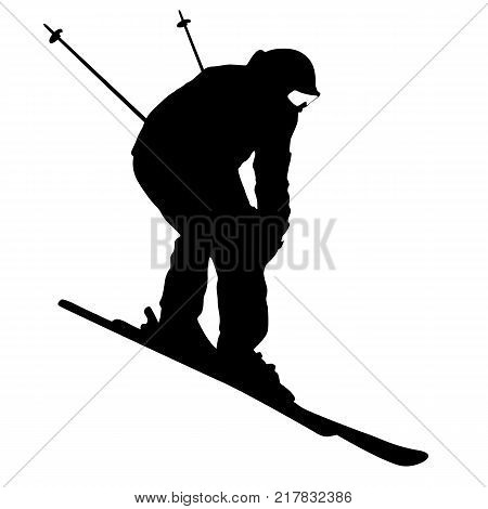 Mountain skier  speeding down slope. Vector sport silhouette.