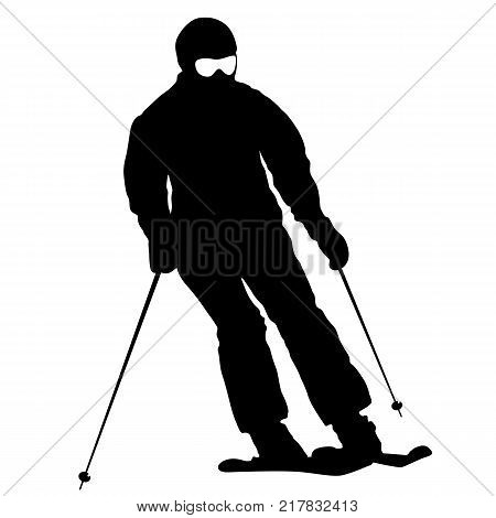 Mountain skier  speeding down slope. Vector sport silhouette.