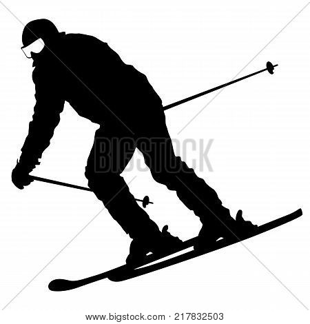 Mountain skier  speeding down slope. Vector sport silhouette.