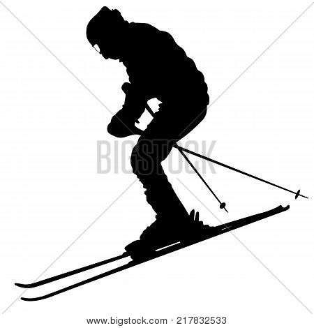 Mountain skier  speeding down slope. Vector sport silhouette.