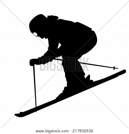 Mountain skier  speeding down slope. Vector sport silhouette.
