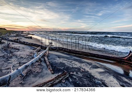 Scenic Great Lakes Coastal beach. Remote beach on the shore of Lake Superior along the Graveyard Coast at  Whitefish Point in the Upper Peninsula of Michigan.