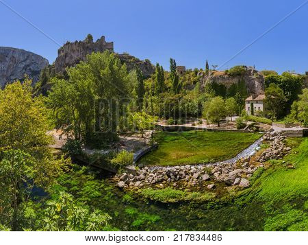 Village Fontaine-de-Vaucluse in Provence France - travel and architecture background