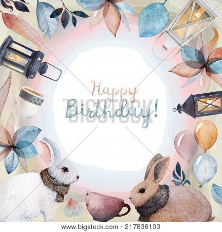A Happy Birthday card frame with watercolor illustrations. Rabbits wrapped in knitted scarfs, lanterns, balloons, tea cups and fallen leaves. For a birthday of the dearest friend!