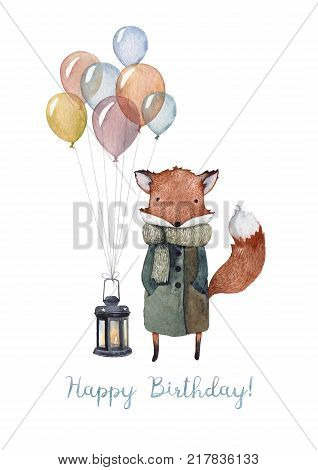 A cozy Happy Birthday card made in watercolor with illustration of a cute fox wearing a warm coat and knitted scarf, with balloons and lighted lantern. For a birthday of the dearest friend!