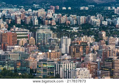 View of buildings at Providencia and Las Condes districts the most dense part of the city with residential and office buildings Santiago de Chile