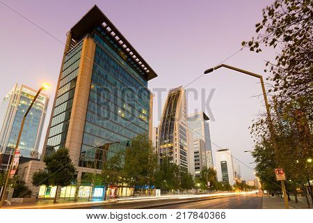 Santiago Region Metropolitana Chile - February 07 2017: The Apoquindo Avenue one of the most important streets in the city for the location of high profile corporate and office buildings.