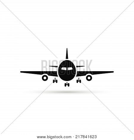 Airplane Icon front view in flat style Vector plane simple black silhouette on white background.