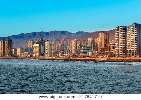 Antofagasta Region de Antofagasta Chile - April 19 2017: Panoramic view of the coastline of Antofagasta know as the Pearl of the North and the biggest city in the Mining Region of northern Chile.
