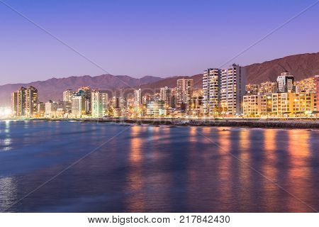 Antofagasta Region de Antofagasta Chile - April 19 2017: Panoramic view of the coastline of Antofagasta know as the Pearl of the North and the biggest city in the Mining Region of northern Chile.