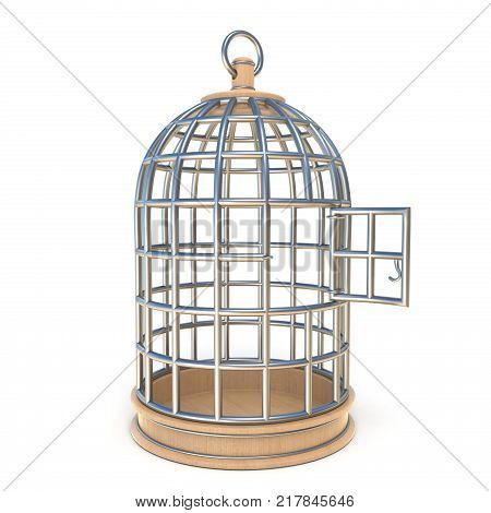 Empty bird cage opened 3D render illustration isolated on white background
