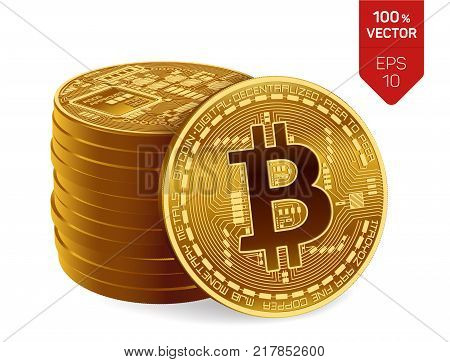 Bitcoin. 3D isometric Physical bit coin. Digital currency. Cryptocurrency. Stack of golden coins with bitcoin symbol isolated on white background. Stock vector illustration