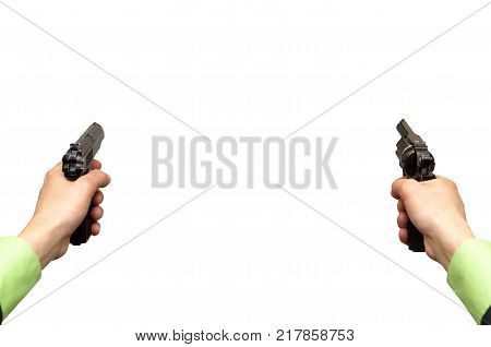 Two gun pistols in male hands isolated on white background. First person view.