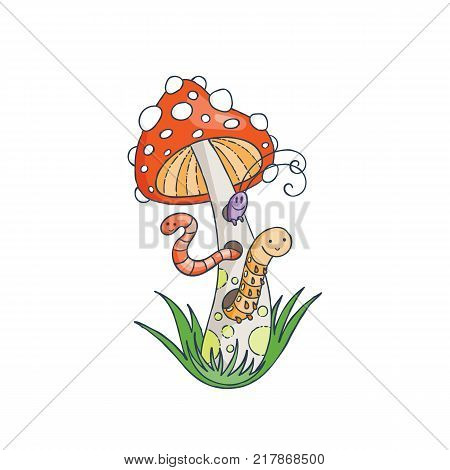 Worms and bugs in a long muscaria. Vector illustration.