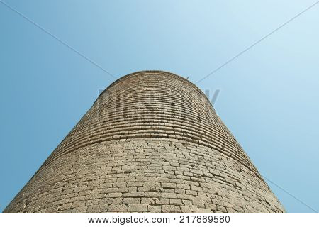 Maiden tower tower from bottom view. Icheri sheher in Baku