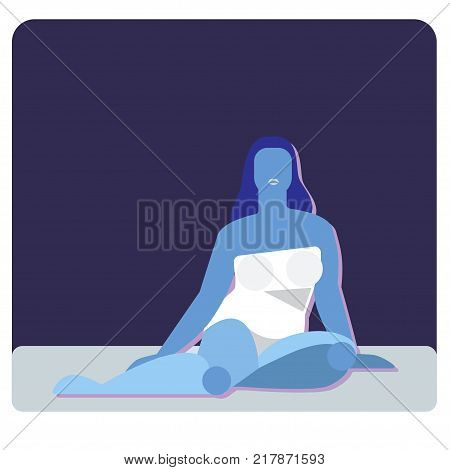 A gorgeous woman in a white bathing suit. Vector illustration in blue tones.