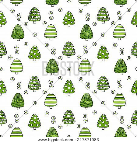 Hand Drawn Set Of Christmas Trees. Holidays Background. Abstract Doodle Drawing Woods. Vector Art Il