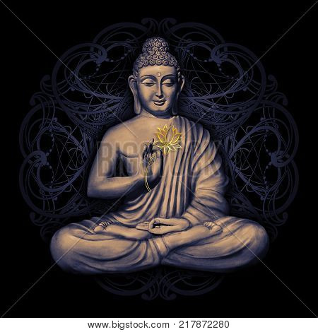 Seated Buddha in a Lotus Pose - digital art collage combined with cosmic background and with mandala