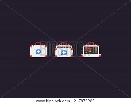 Pixel art first-aid kit case icons, closed and opened, isolated on dark background