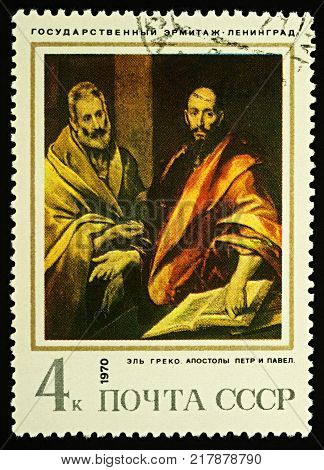 Moscow Russia - December 12 2017: A stamp printed in USSR (Russia) shows Apostles Peter and Paul by El Greco (1541-1614) series 