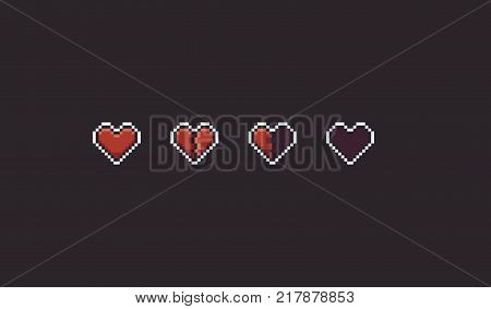 Pixel art hearts, filled, cracked, half heart and empty, game health ui elements