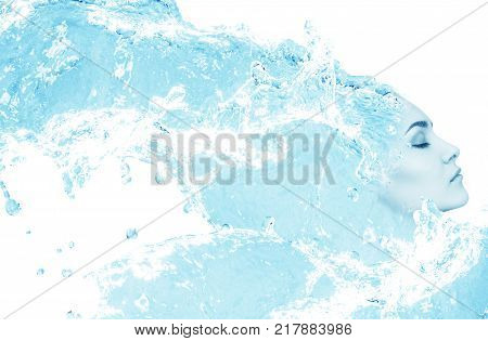 Double exposure of young woman and water splashes. Healthy skin, water balance, harmony concept.