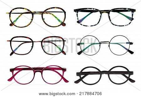 Group of modern fashionable spectacles isolated on white background Perfect reflection Glasses