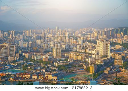 panorama of the city of Sanya, a view of the city in the highest point, the island of the Phoenix. Asia