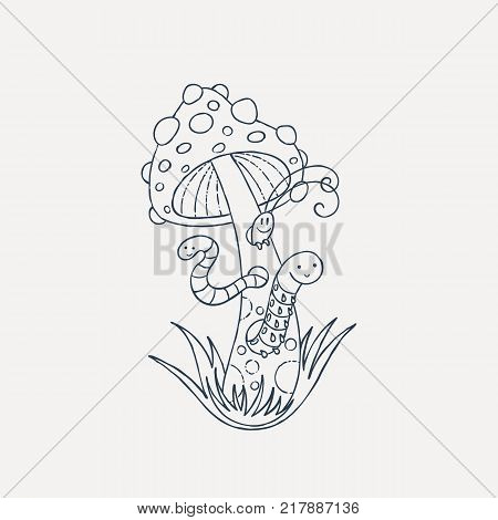 Worms and bugs in a long muscaria. Coloring page. Vector illustration.