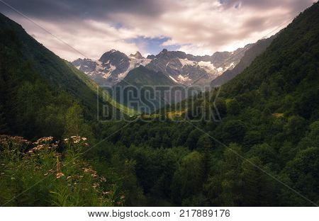 beautiful summer View of the Caucasus mountain range in Racha, Gona, Georgia