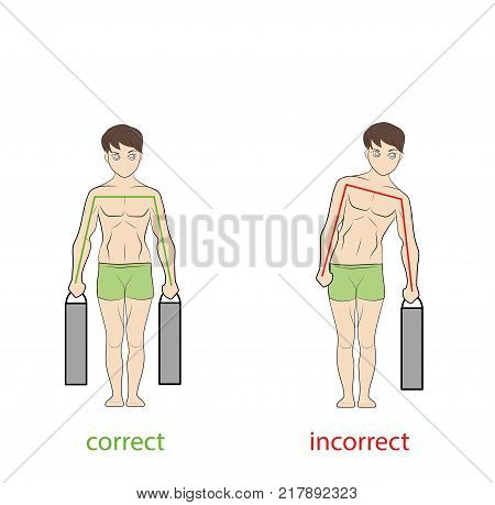 correct and incorrect posture to bear a heavy load. vector illustration.