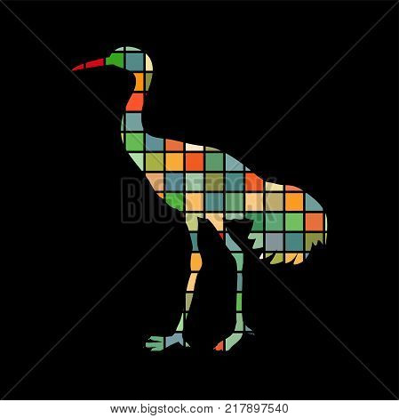 Shadoof bird mosaic color silhouette animal background black. Vector Illustrator
