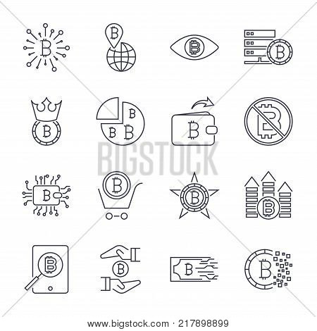 Set of vector bitcoin line icons. Investments, payments and exchange, internet banking, wallet, bundle of money, hand with a coin and more. Editable Stroke. EPS 10