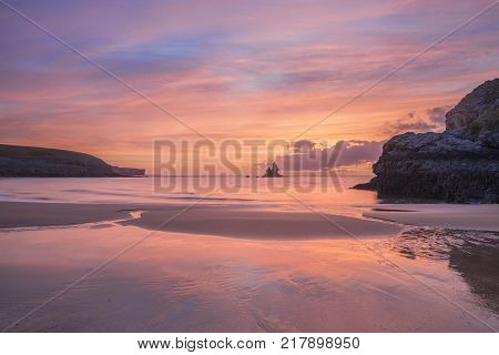 Beautiful Sunrise Landsdcape Of Idyllic Broadhaven Bay Beach On Pembrokeshire Coast In Wales