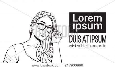 Sketch Portrait Of Beautiful Woman Wearing Glasses Attractive Female With Long Hair Over White Background With Copy Space Vector Illustration