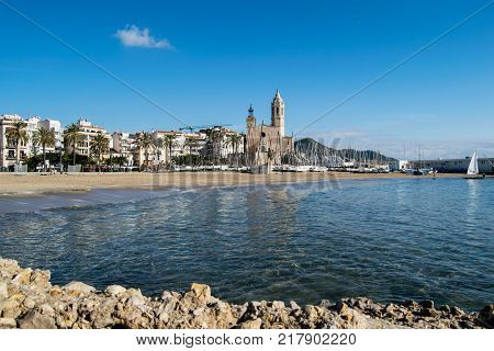 The beautiful town of Sitges, winter Spain, Landscape of the coastline in Sitges