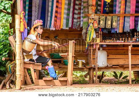 Kayan tribe, Kayan Lady in Kayan village, Kayah State, Myanmar, Oct-2017