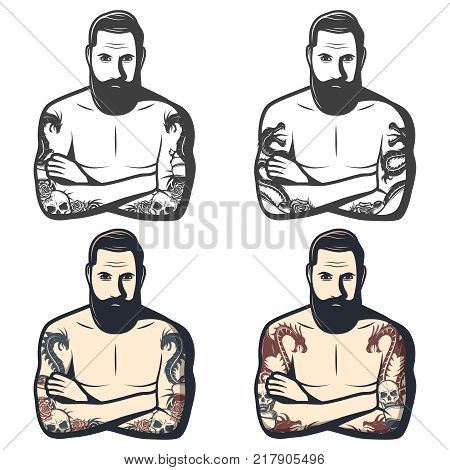 Vintage dragon tattoos set with mythological monsters skull flowers on arms of bearded man in different colors isolated vector illustration