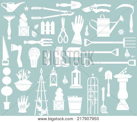 Vector set of gardening tools. Agriculture equipmen for design. Silhouettes of garden items and plants. Seamless pattern.