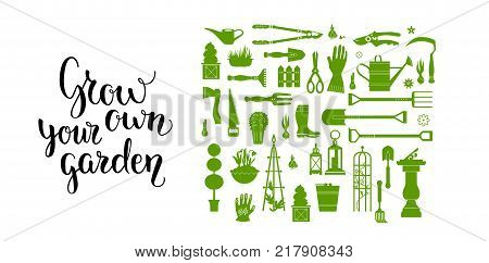 Vector set of gardening tools. Agriculture equipmen for design. Silhouettes of garden items and plants