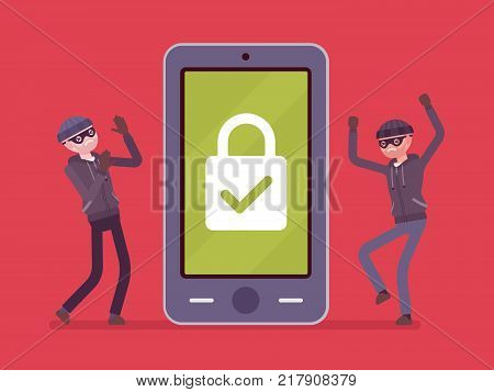 Smartphone under reliable protection. Two thefts unable to unblock a phone, protecting mobile device from malware threats. Mobile security. Vector flat style cartoon illustration on red background