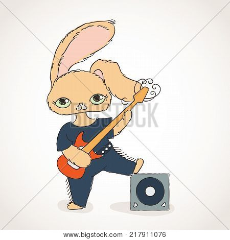 Rabbit with electric guitar. Rock music illustration.