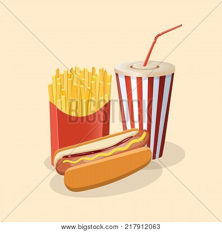 Hot dog with fries and soda cup - cute cartoon colored picture. Graphic design elements for menu, poster, brochure. Vector illustration of fast food for bistro, snackbar, cafe or restaurant