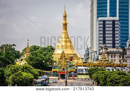 Sule pagoda It is located in the downtown area of Yangon, Myanmar, May-2017