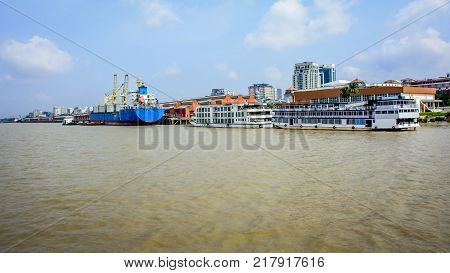 landscape view of harbour of Yangon, Myanmar, May-2017
