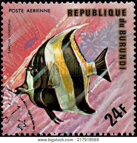 REPUBLIC OF BURUNDI - CIRCA 1974: a postage stamp, printed in Burundi, shows a fish Moorish Idol (Zanclus canescens)