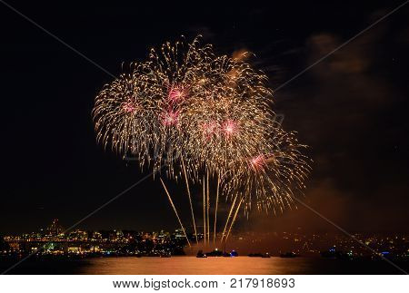 Celebration multicolored fireworks copy space. Canada Day holidays salute. New Year celebration colorful fireworks.