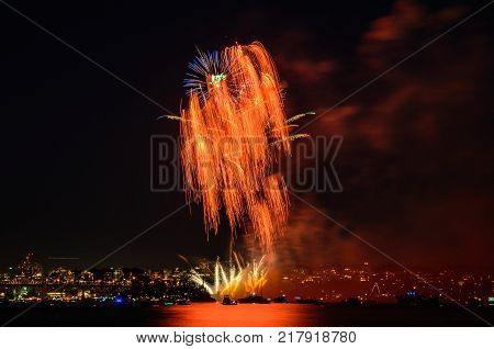 Celebration multicolored fireworks copy space. Canada Day holidays salute. New Year celebration colorful fireworks.