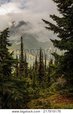 cold morning fog with rainbow in the mountains
